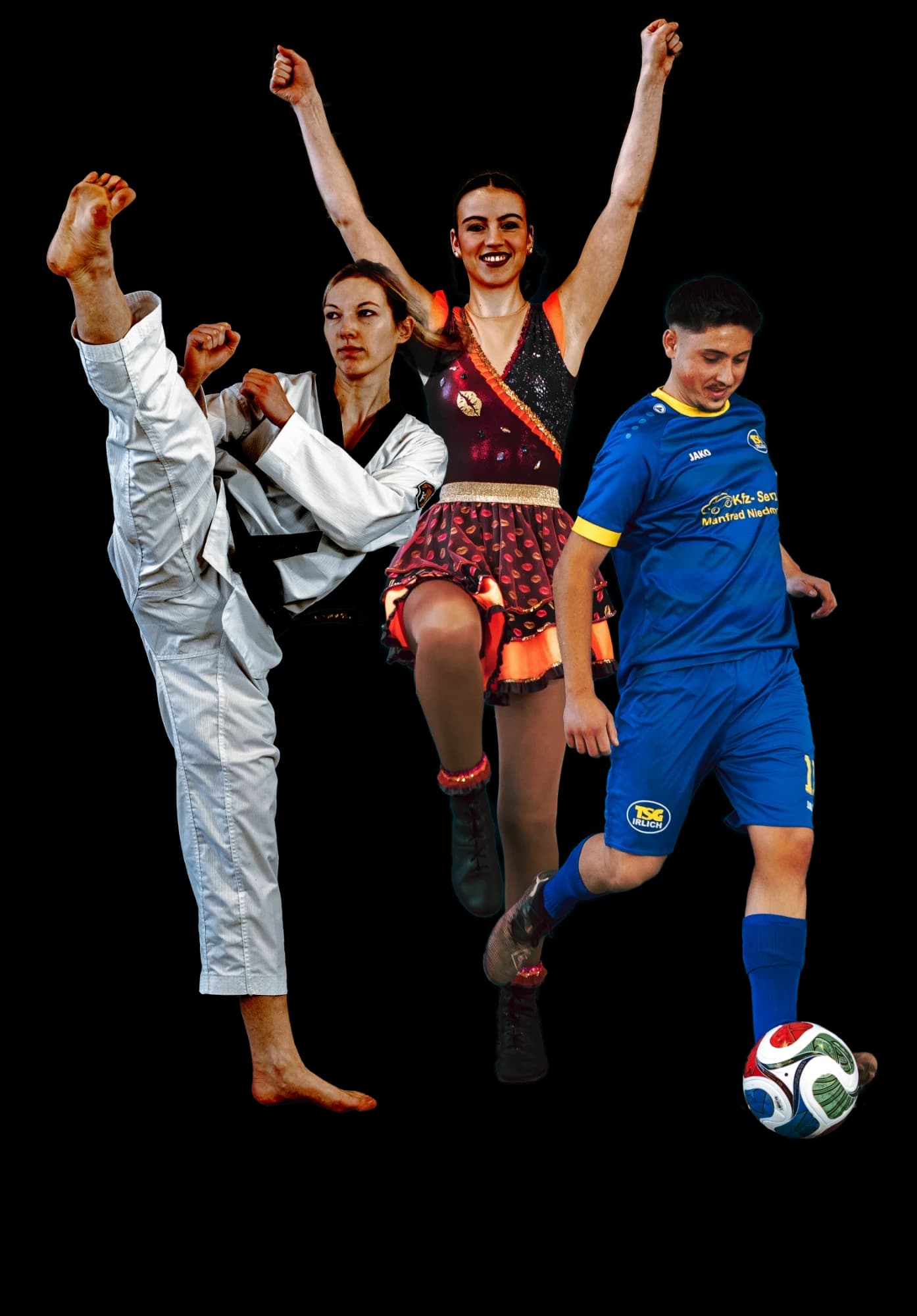 Eine Taekwondo-Sportlerin, eine Tänzerin und ein Fußballer der TSG Irlich