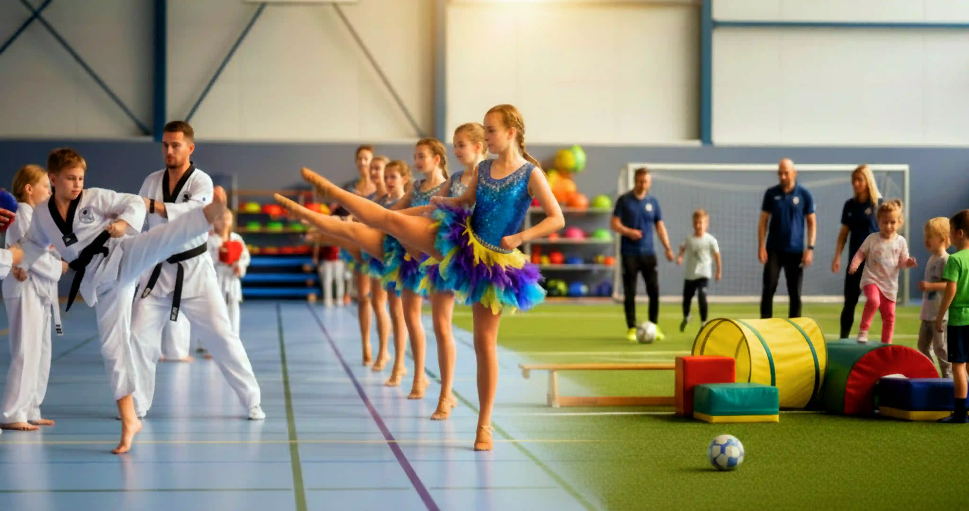 Sporthalle mit drei verschiedenen Trainingsgruppen: Links üben Kinder und ein Trainer in weißen Taekwondo-Anzügen mit schwarzem Gürtel synchrone Kicks, in der Mitte zeigen Mädchen in türkis-blauen Gymnastik-Trikots mit bunten Federn eine Beinübung, und rechts spielen Kinder unter Anleitung von Trainern in dunkelblauen Shirts Fußball auf einer grünen Kunstrasenfläche. Im Hintergrund sind bunte Gymnastikbälle und Sportgeräte zu sehen.